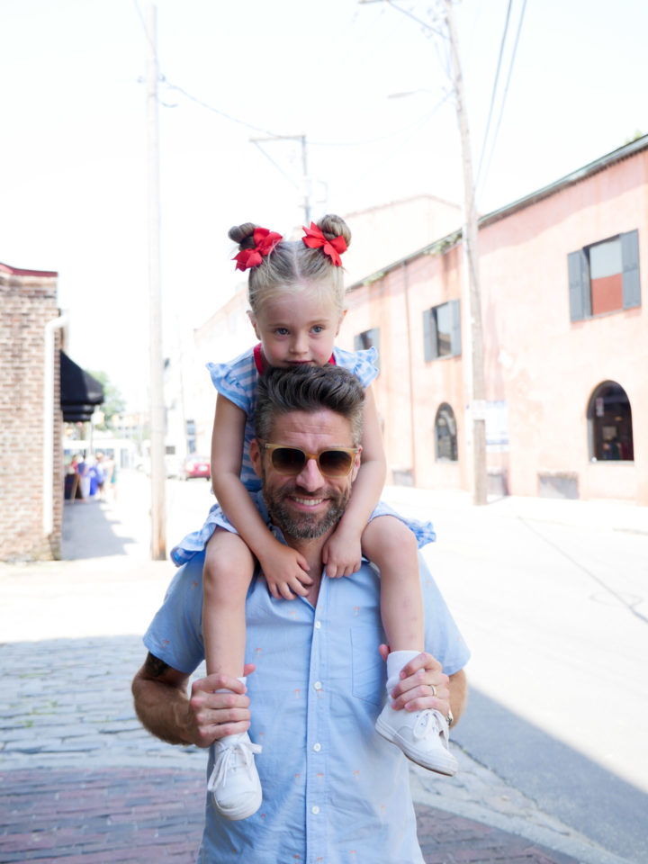 Eva Amurri Martino's husband Kyle carries their daughter Marlowe on his shoulders in Charleston