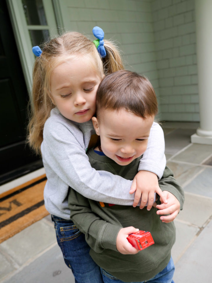 Eva Amurri Martino's daughter Marlowe hugs her brother Major outside their house in Connecticut