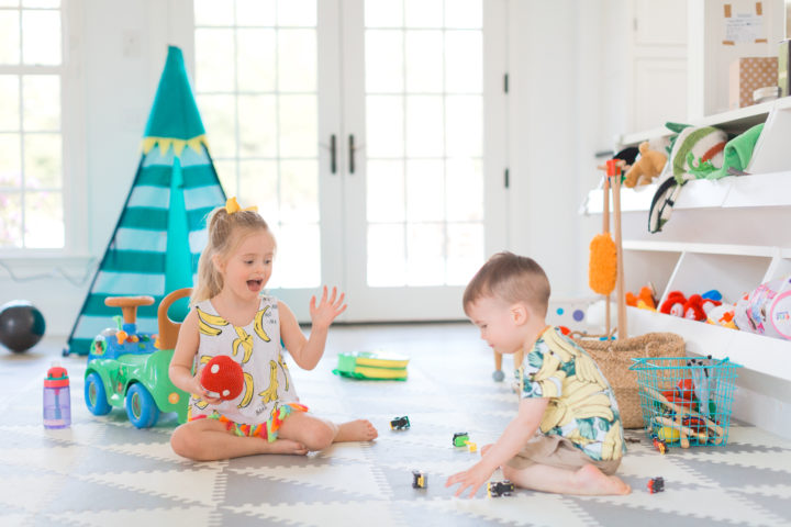 Eva Amurri Martino's daughter Marlowe and son Major play on the floor of their Connecticut home