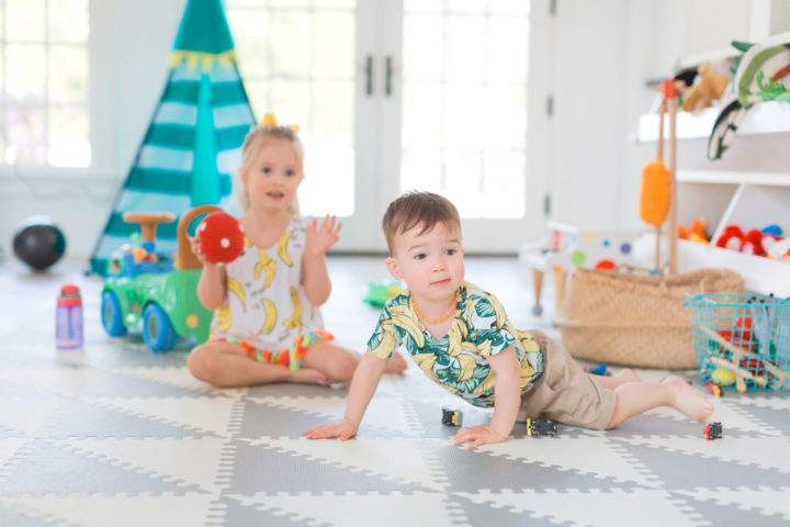 Eva Amurri Martino's daughter Marlowe and son Major play on the floor of their Connecticut home