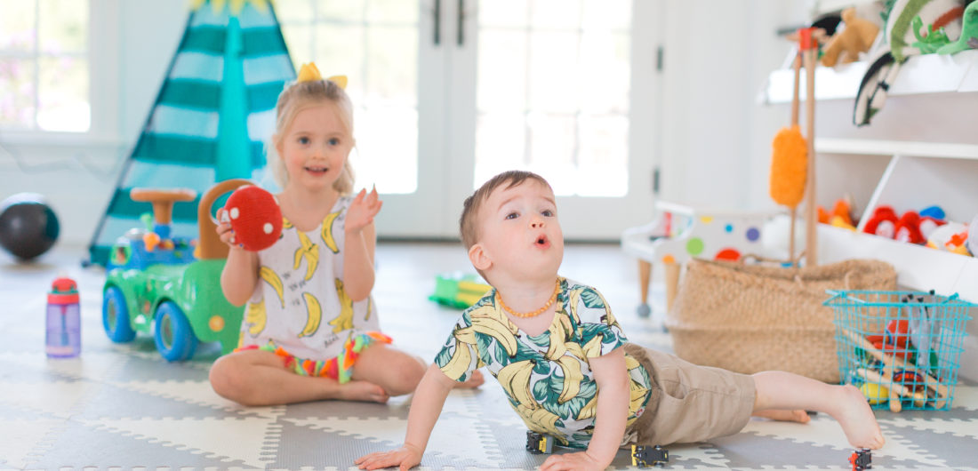 Eva Amurri Martino's daughter Marlowe and son Major play on the floor of their Connecticut home