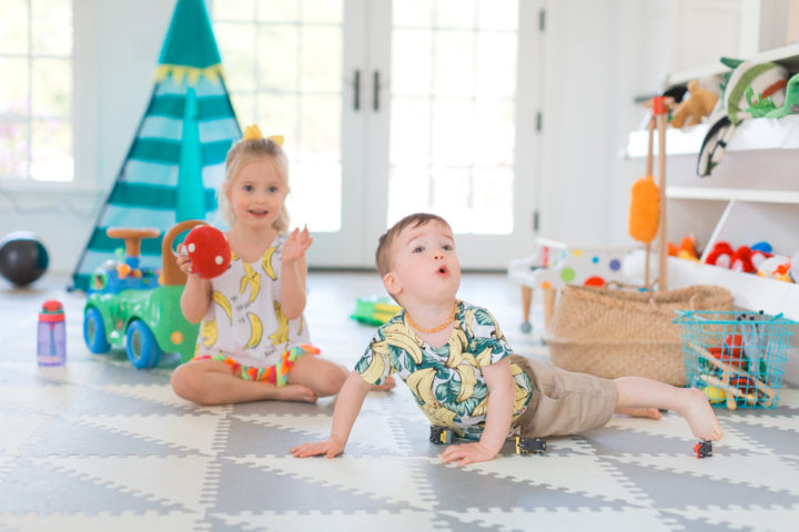 Eva Amurri Martino's daughter Marlowe and son Major play on the floor of their Connecticut home