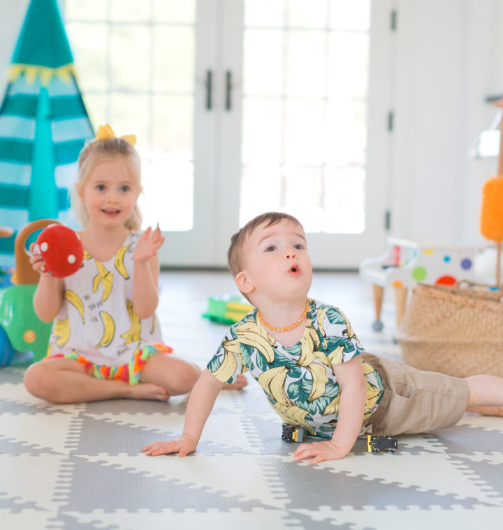 Eva Amurri Martino's daughter Marlowe and son Major play on the floor of their Connecticut home