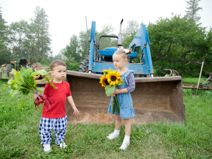 Eva Amurri Martino's daughter Marlowe and son Major holding sunflowers in Bar Harbor, ME.