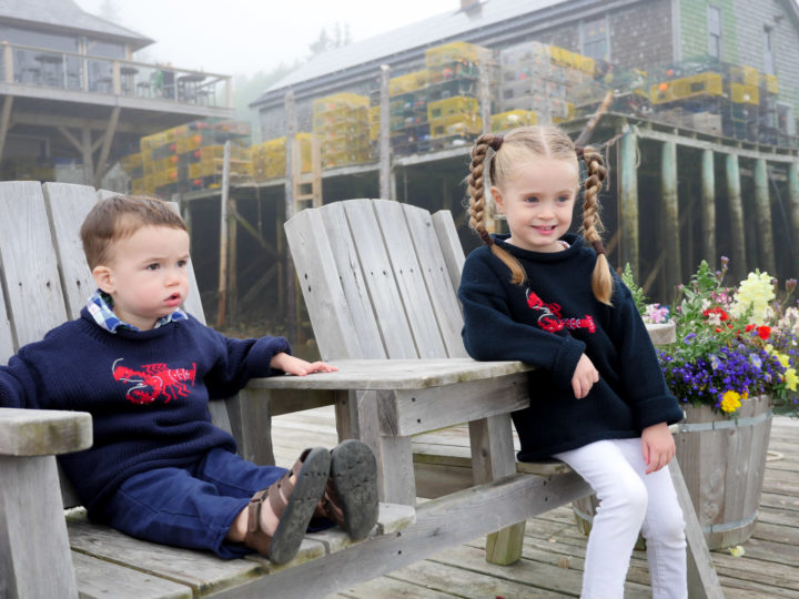 Eva Amurri Martino's kids Marlowe and Major sit in adirondack chairs in Bar Harbor, ME.