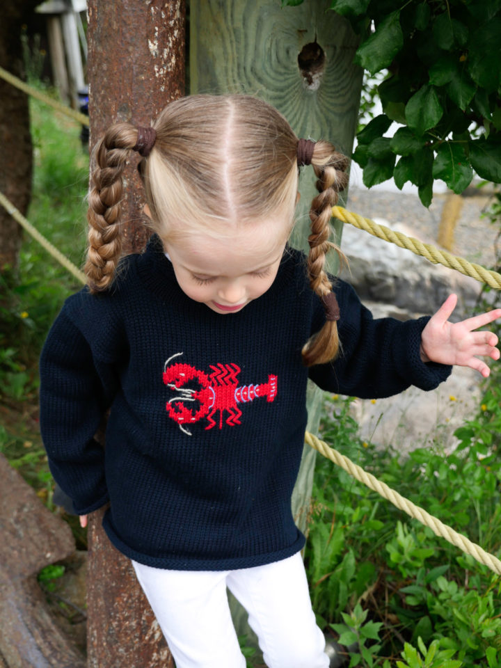 Eva Amurri Martino's daughter Marlowe in a handmade lobster sweater in Bar Harbor, ME.