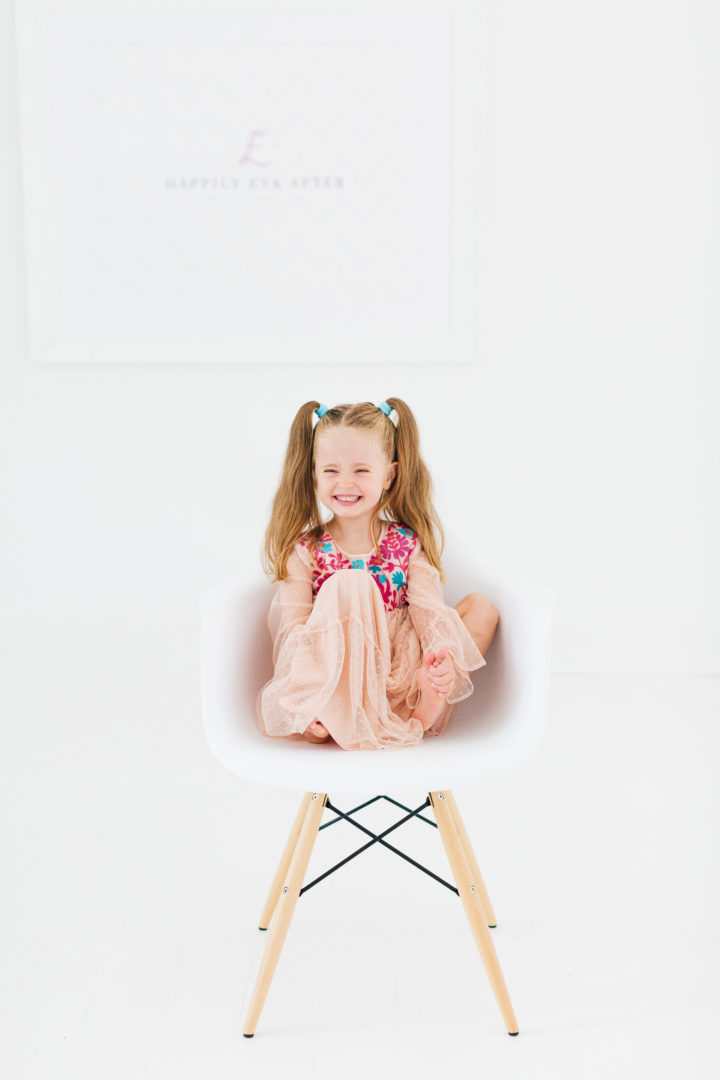 Eva Amurri Martino's daughter Marlowe sits in chair in her mom's studio