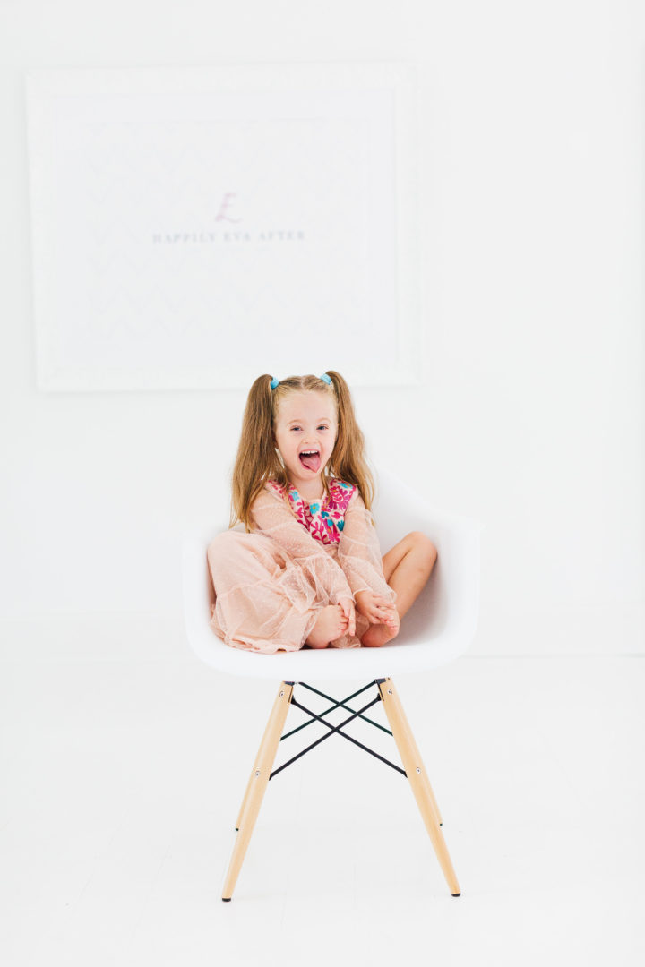 Eva Amurri Martino's daughter Marlowe sits in chair in her mom's studio