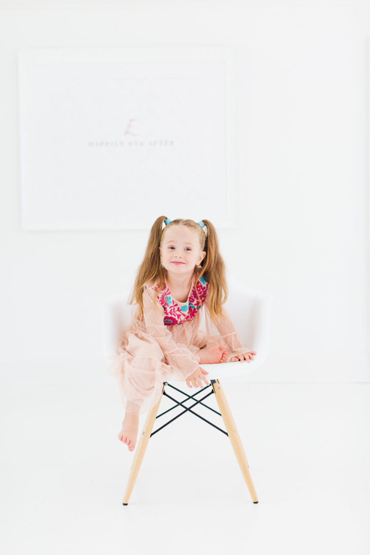 Eva Amurri Martino's daughter Marlowe sits in chair in her mom's studio