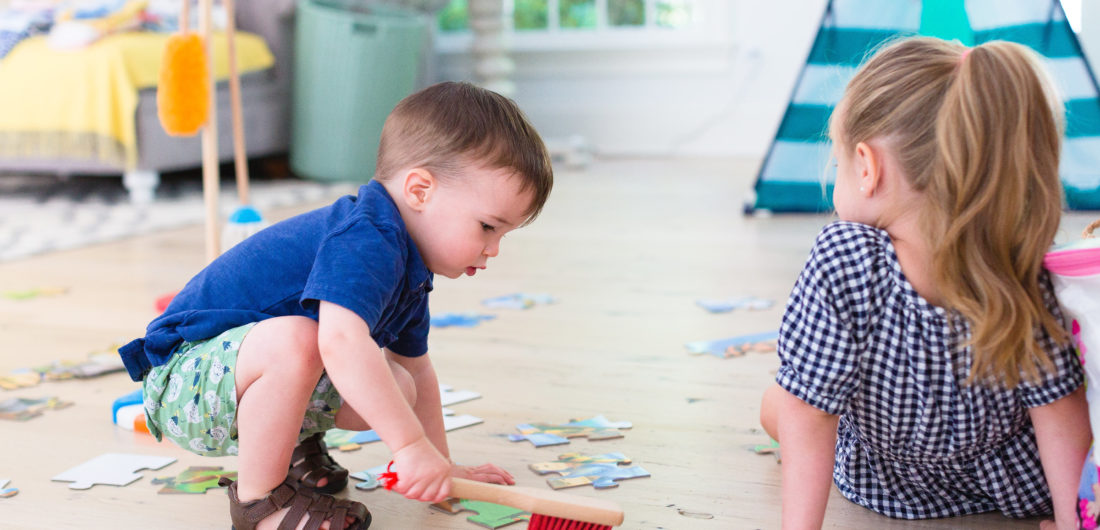 Eva Amurri Martino's son Major plays with his favorite cleaning set toy from Melissa & Doug