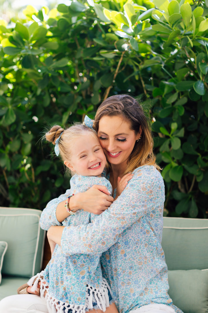 Eva Amurri Martino and Marlowe Martino wear matching masala baby tunics in a blue floral print from their limited capsule collection for the brand.