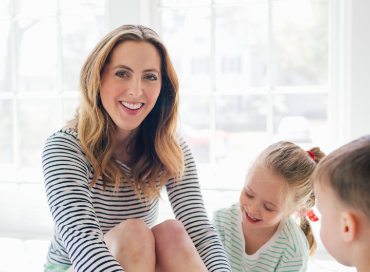 Eva Amurri Martino of Happily Eva After plays with her kids Marlowe and Major on the floor of their new home in Connecticut