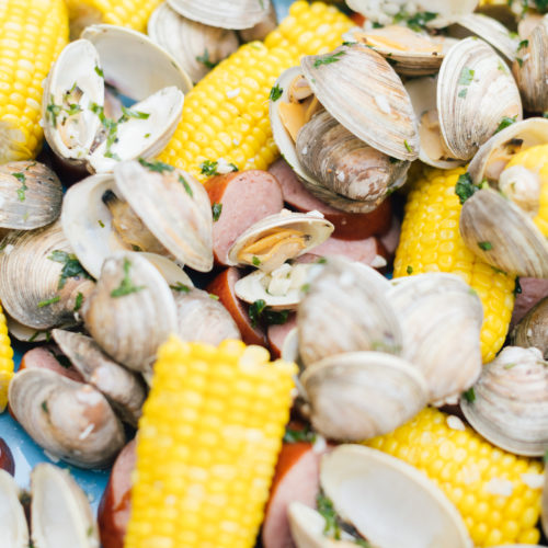 A closeup of the luscious clam and corn spread from Fjord Fish Market