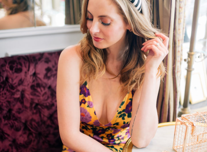 Eva Amurri Martino wears a bright flowery dress and a statement headband at Ladurée on the Upper East Side