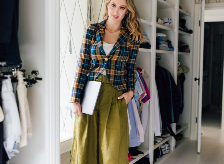 Eva Amurri Martino wears a plaid blazer in her walk-in closet