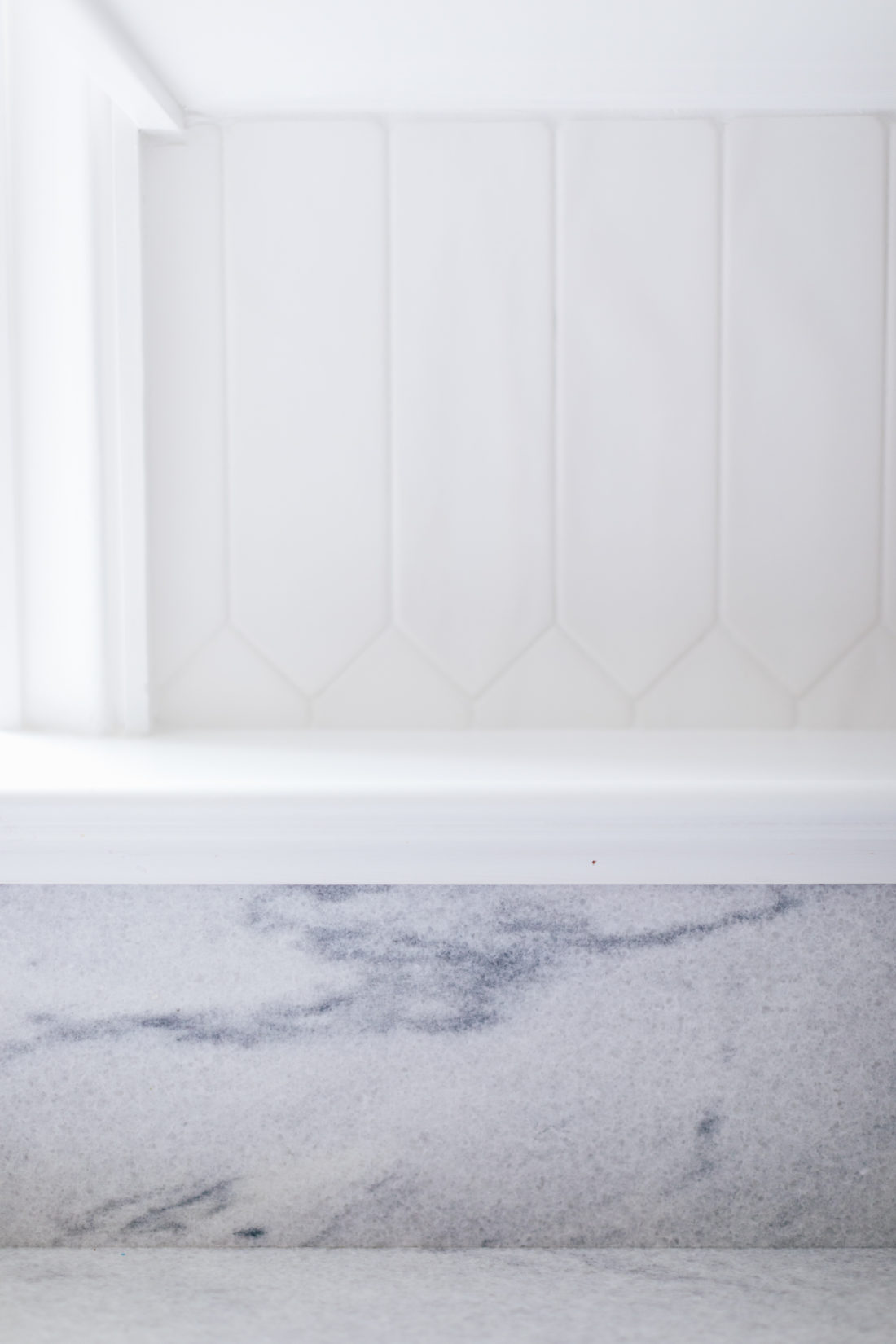 A closeup of the Polycor white cherokee marble in Eva Amurri Martino's renovated Connecticut kitchen