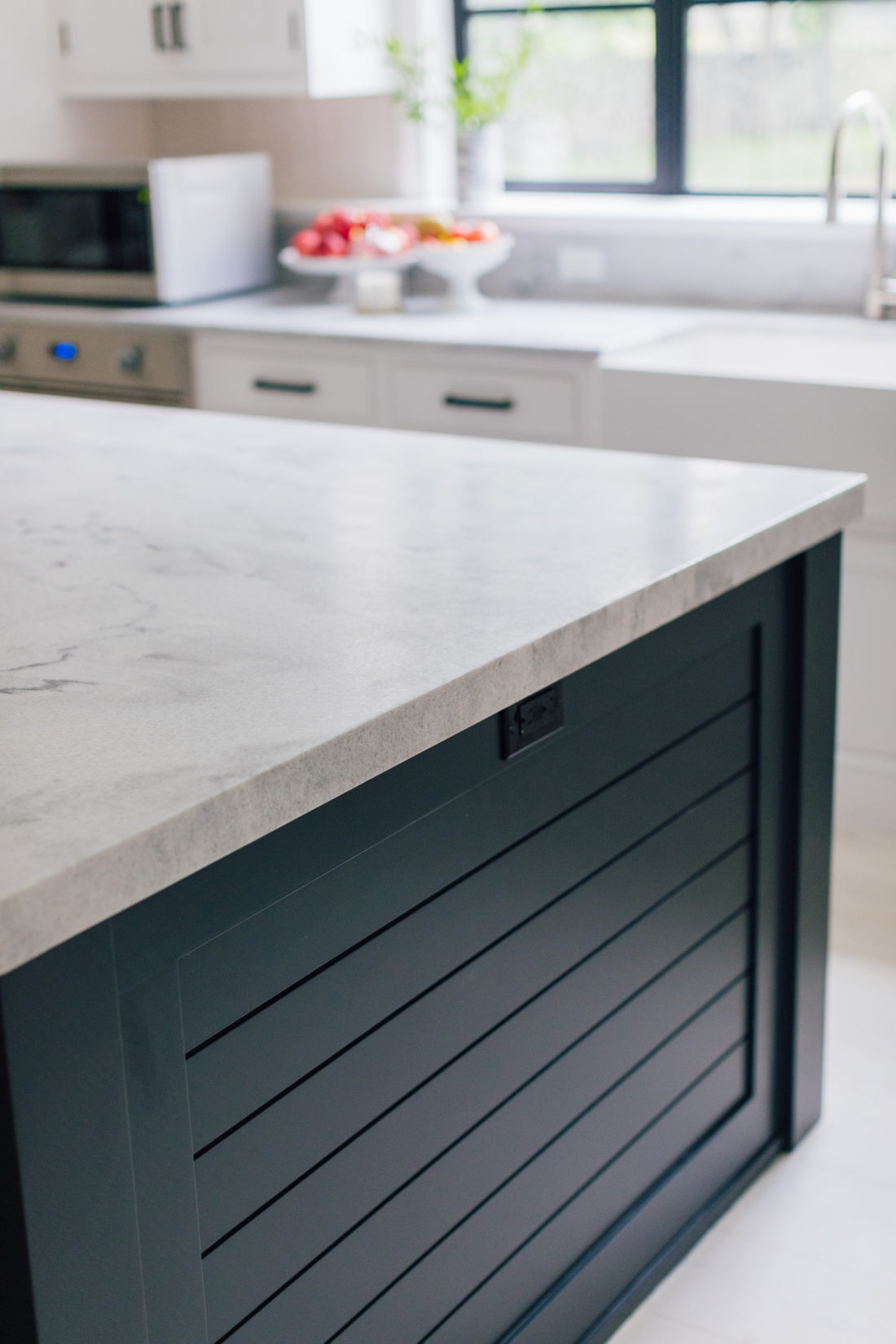 A closeup of the Polycor white cherokee marble in Eva Amurri Martino's renovated Connecticut kitchen