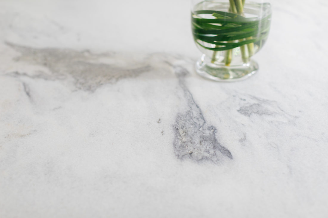 A closeup of the Polycor white cherokee marble in Eva Amurri Martino's renovated Connecticut kitchen
