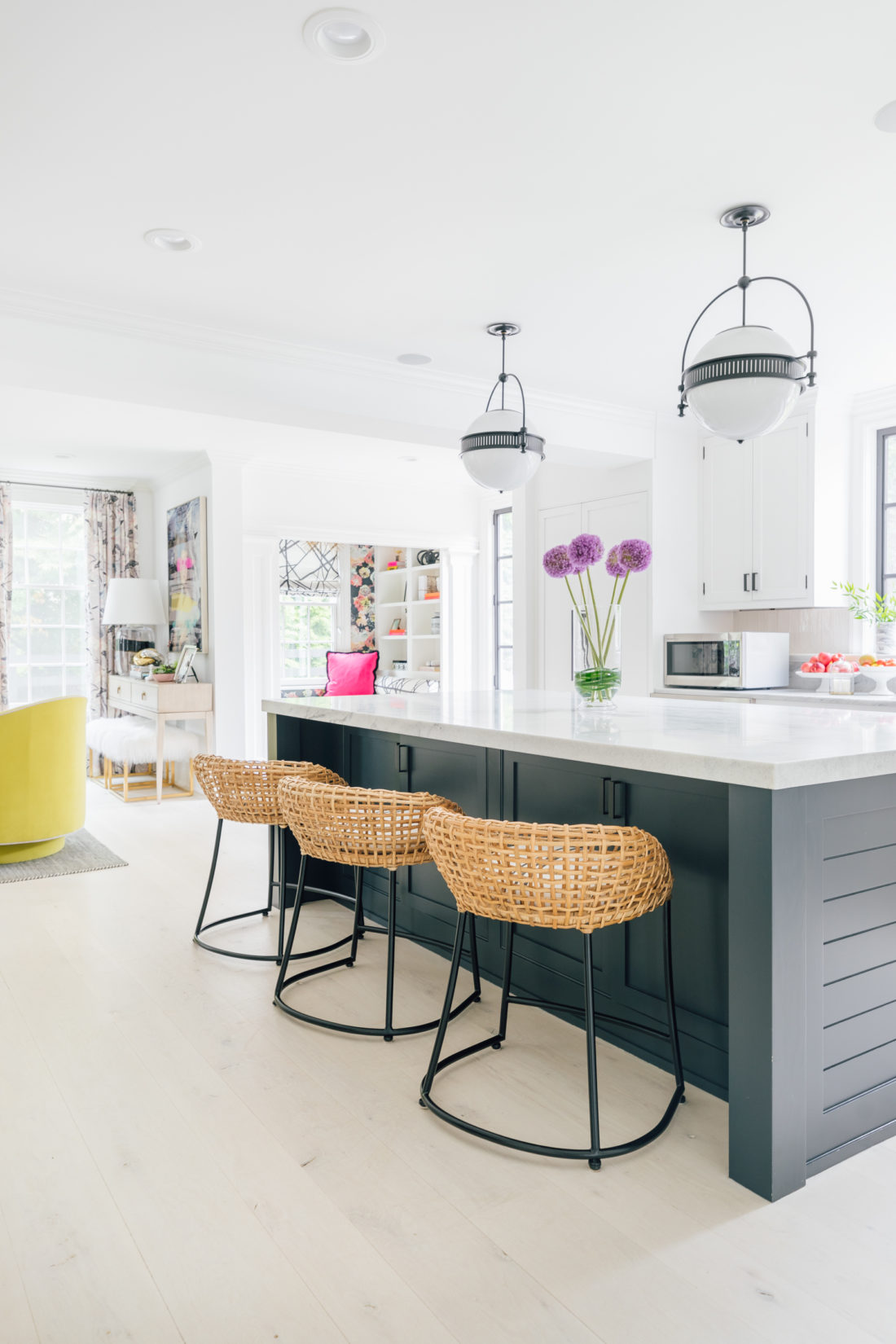 The dark black island, and beautiful white cherokee marble are on prime display in Eva Amurri Martino's renovated Connecticut kitchen