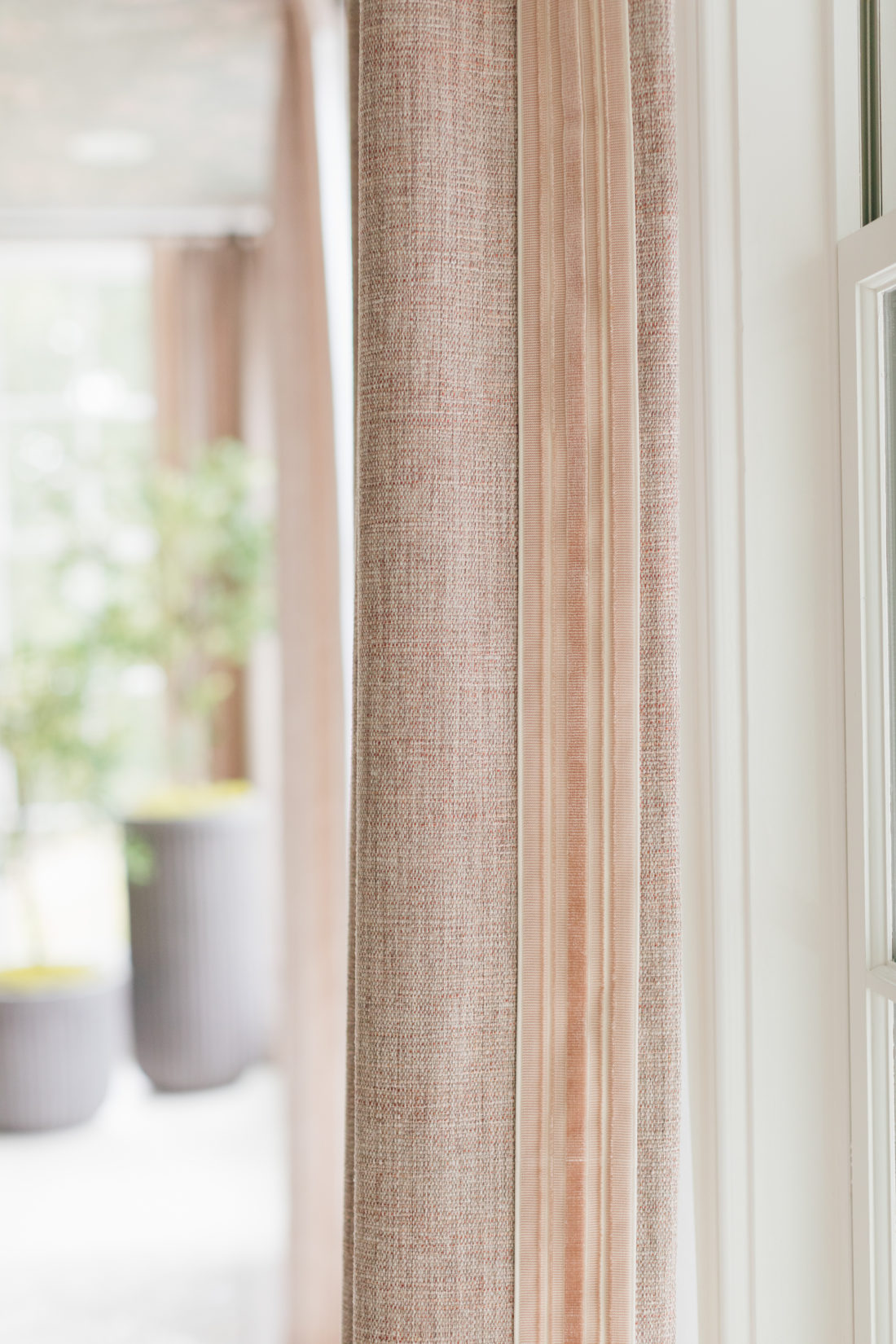 A closeup of the Schumacher Drapery in Eva Amurri Martino's newly renovated dining room