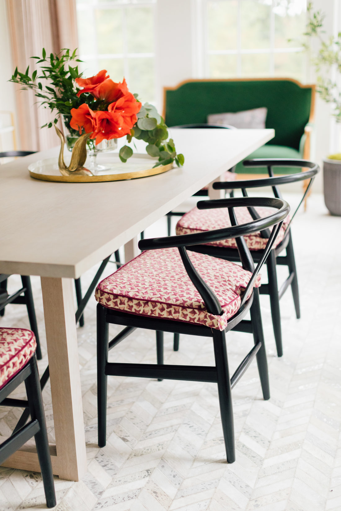 The custom cushions on the dining chairs in Eva Amurri Martino's newly renovated dining room