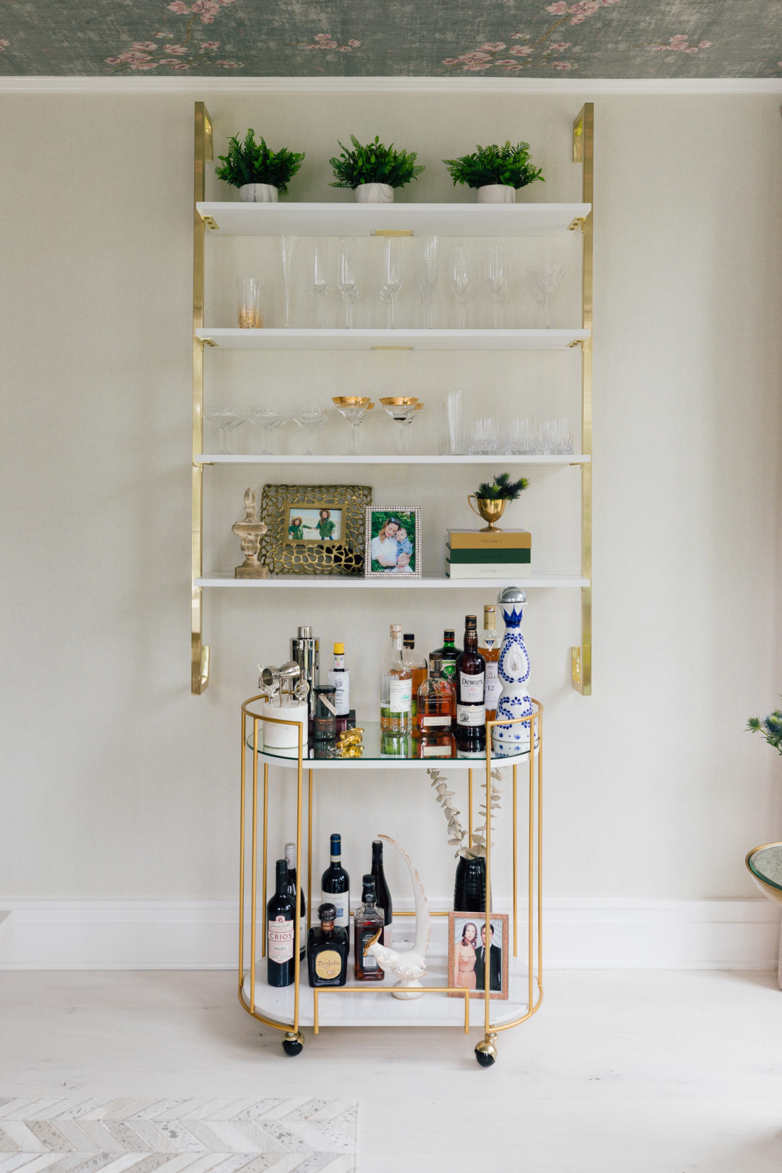 The bar cart and wall shelving in Eva Amurri Martino's newly renovated dining room