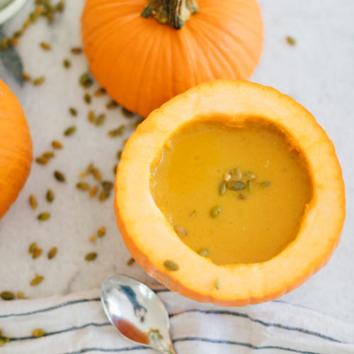 Eva Amurri Martino eats the easiest pumpkin soup ever out of a mini pumpkin