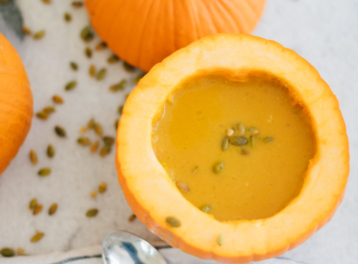 Eva Amurri Martino eats the easiest pumpkin soup ever out of a mini pumpkin