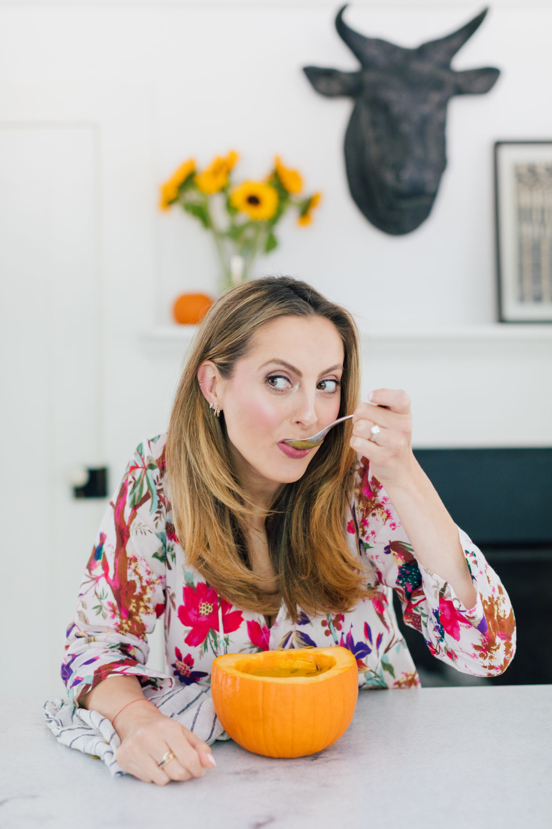 Eva Amurri Martino eats the easiest pumpkin soup ever out of a mini pumpkin