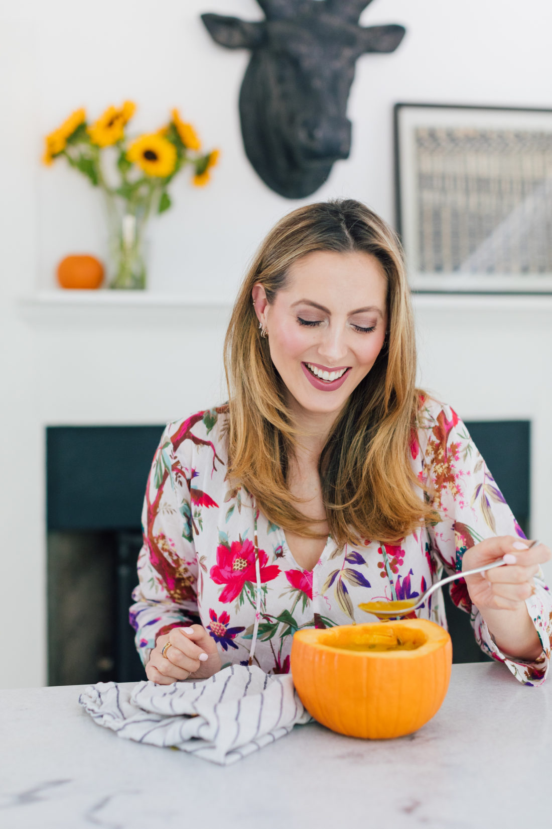 Eva Amurri Martino eats the easiest pumpkin soup ever out of a mini pumpkin