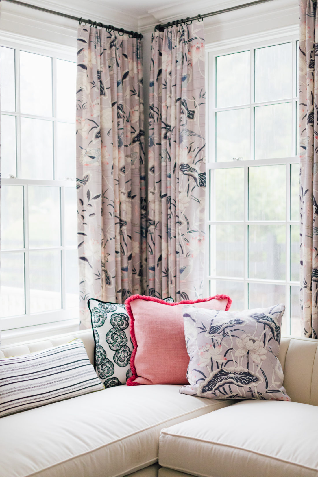 Eva Amurri's Connecticut living room featuring Schumacher fabric and wallpaper