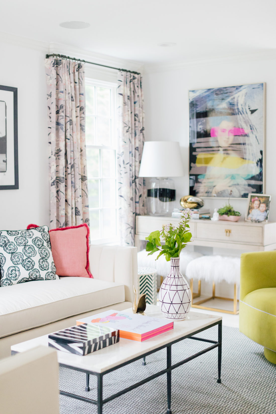 Eva Amurri's Connecticut living room featuring Schumacher fabric and wallpaper