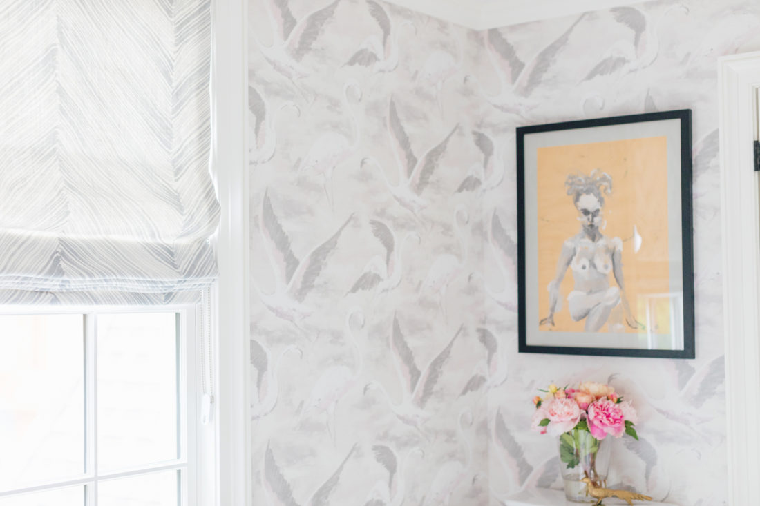 Eva Amurri's Connecticut bathroom featuring Schumacher shade fabric 