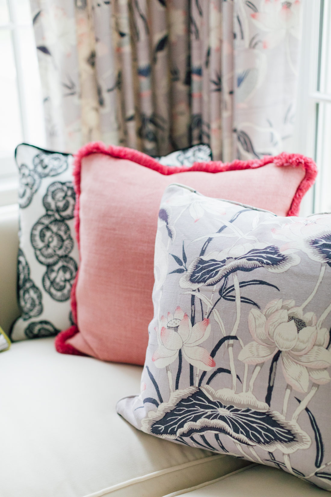 Eva Amurri's Connecticut living room featuring Schumacher fabric and wallpaper