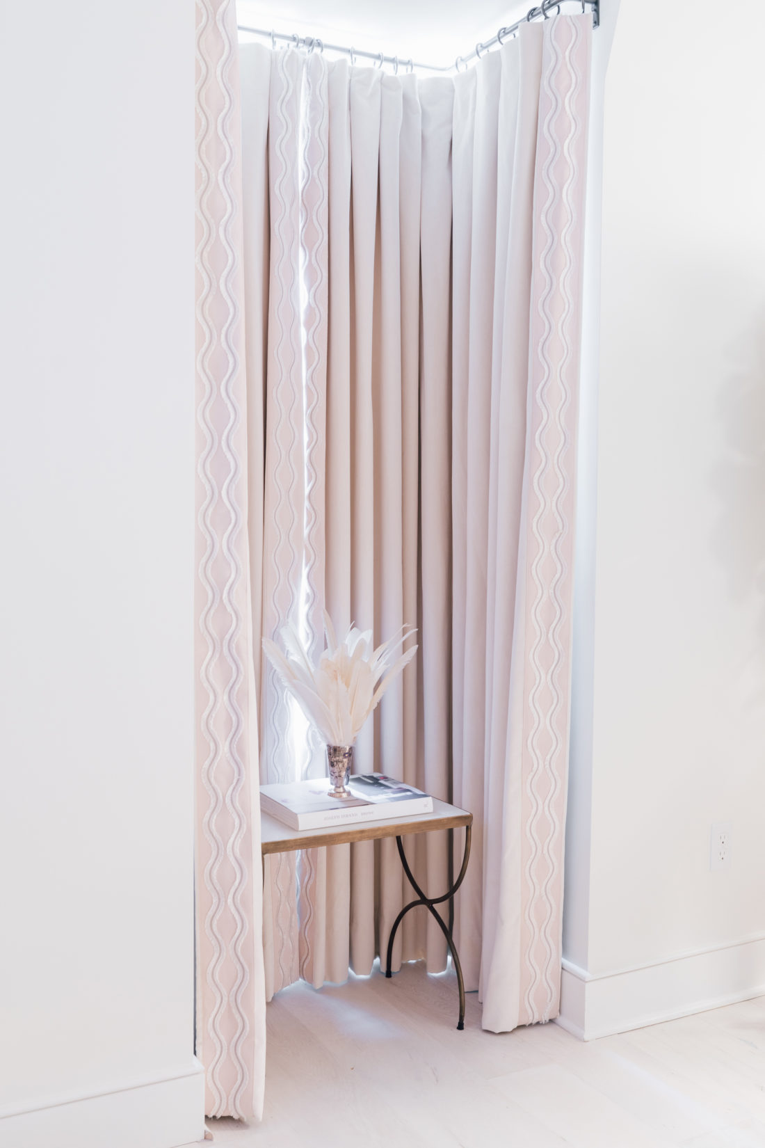 Eva Amurri's Connecticut master bedroom featuring Schumacher curtain fabric 
