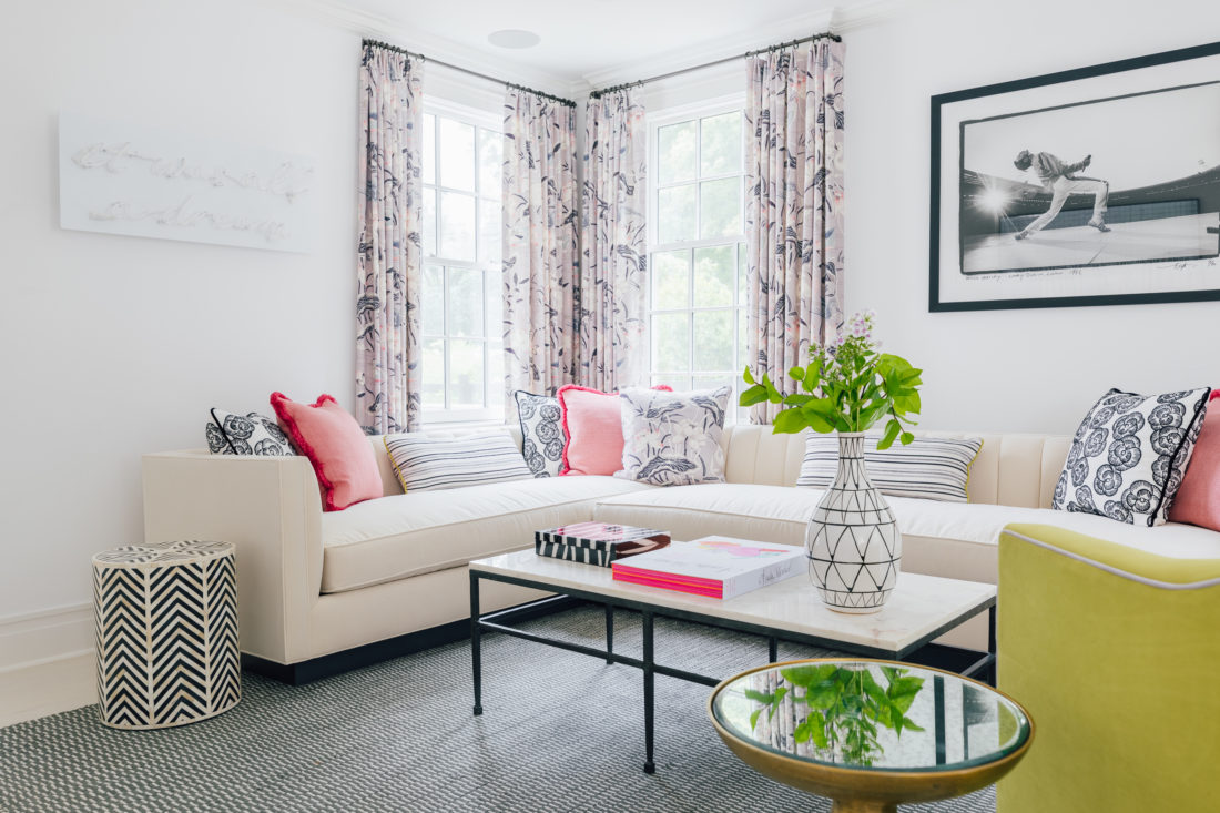 Eva Amurri's Connecticut living room featuring Schumacher fabric and wallpaper