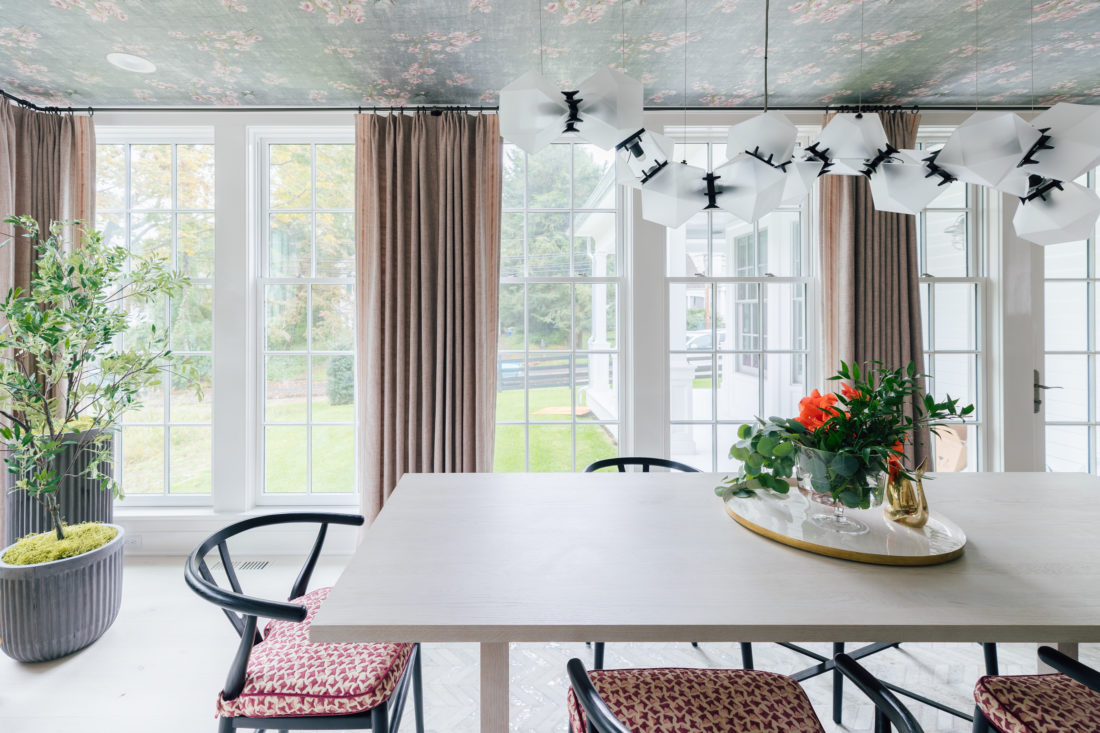 Eva Amurri's Connecticut dining room featuring Schumacher curtain fabric 