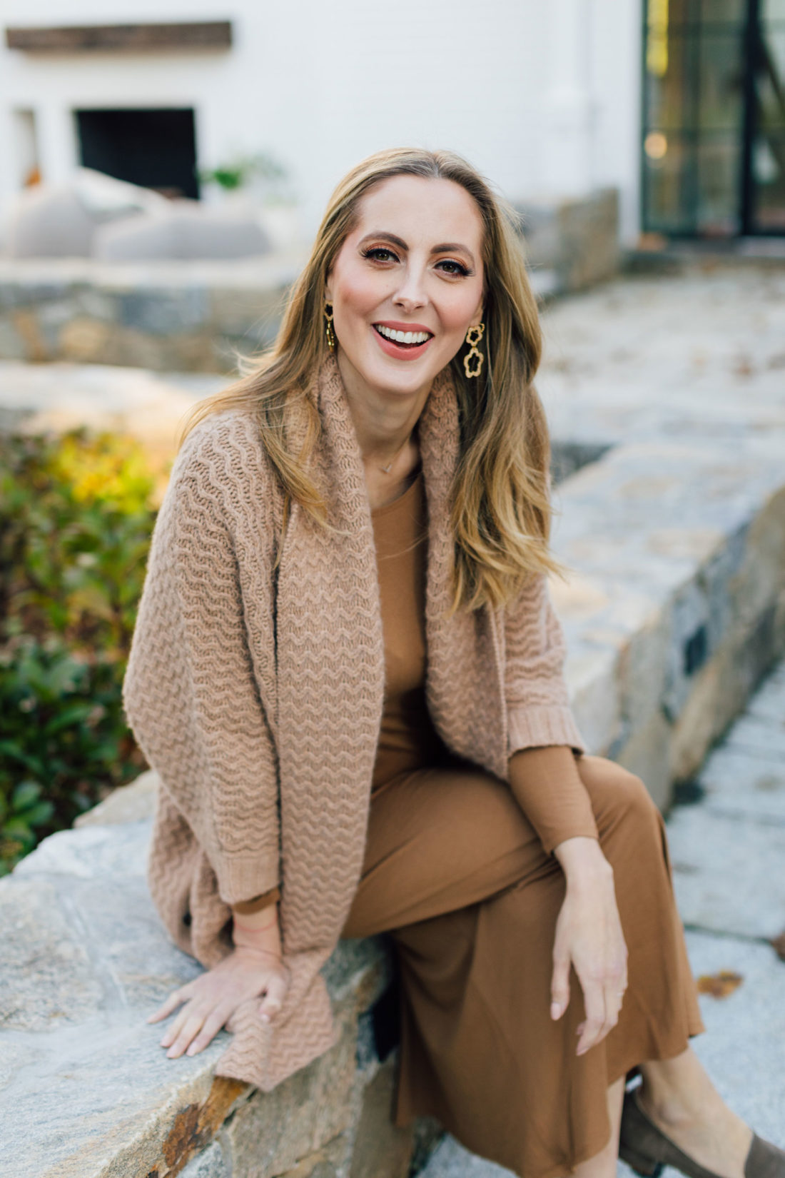 Eva Amurri sits on the Swenson Granite stone on the back patio of her Connecticut home